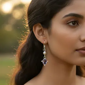 Boucles d'oreilles pendantes en argent 925 avec améthyste et perle pour femme, cadeau - Product Image 2