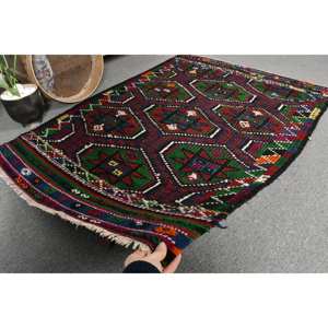 Alfombra turca étnica de área grande de 3,4x4,8 pies, alfombra roja de lana verde para sala de estar, Alfombra de látex para habitación nueva, pasillo de retazos rectangulares - Product Image 5