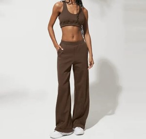 Good Quality Straight Pant Hot Custom Cotton Fleece Drawstring Workout Running Sweatpants High <b>Waist</b> Flare Pants for Women - Product Image 1