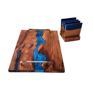 Plateau de service et sous-verres en bois d'acacia faits main, ensemble de 4 pièces, décorés de résine époxy rouge océanique, durables et multifonctionnels, de haute qualité