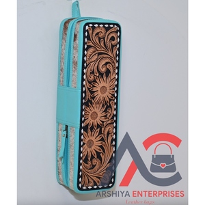 Estuche de viaje de cuero resistente al calor de cuero mecanizado a mano para cabello occidental en cuero de vaca turquesa organizador perfecto para herramientas para el cabello - Product Image 1