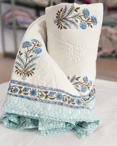 Couverture réversible en coton 100% écologique, imprimée à la main en Inde, pour toutes les saisons, douce, taille King ou Queen - Product Image 1