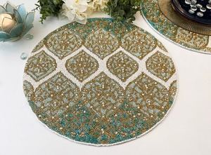 Dining Table Mat Available for Decoration Handmade <b>Beaded</b> Round Green Color Placemat Tableware Tablemat - Product Image 3
