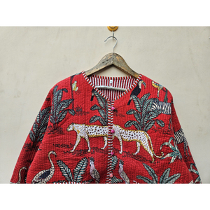 Chaqueta Reversible de Algodón Acolchado de Alta Calidad, Ecológica, con Cuello en V, para Mujer, con Estampado Único de Animales de la Selva y Rayas, Lino y Cachemira - Product Image 4