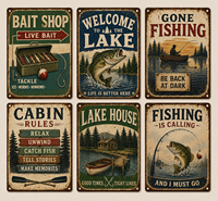Pancarte Métallique Vintage Pêche 'Bienvenue au Lac' Décoration Murale Rétro pour Maison Bar Cabane Maison de Campagne Vente en Gros Personnalisée