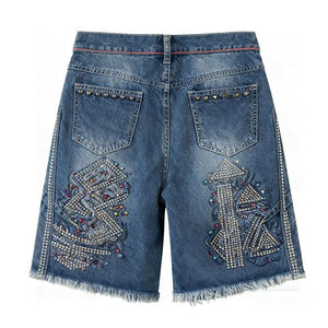 Shorts Bermuda en jean taille haute pour homme, brodés de sequins à motif géométrique, style urbain, braguette boutonnée, ourlet effiloché - Product Image 3