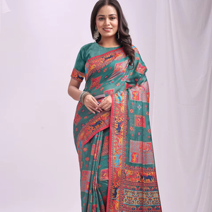 Sarees tissés en coton de lin pur de qualité supérieure Style formel en soie avec travail Zari et glands traditionnels vêtements indiens et pakistanais - Product Image 1