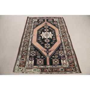 Alfombra Turca Vintage de 0.4x7 pies, Alfombra de Lana con Diseño de Parches Marrón y Azul - Product Image 1