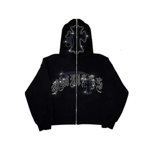 Best Custom 100% Cotton Zip up 2025 Hoodies <b>Men's</b> Custom Rhinestone Shine <b>Black</b> Hoodie Unisex Manufacturer From Pakistan - Product Image 6