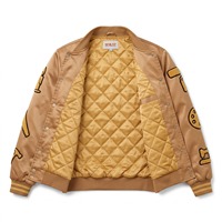 Blouson Bomber Oversize en Satin Unisexe Camel avec Patch Ampoule en Chenille Dorée Brodé Logo Personnalisé OEM