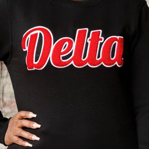 Delta Chenille Crewneck Sweatshirt <b>Black</b> Premium Fleece Sorority Apparel Greek DST Classic Letter Warm Winter <b>Top</b> - Product Image 5
