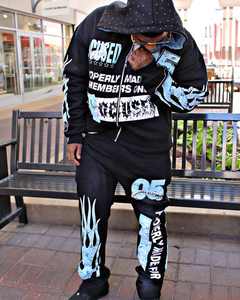 Custom Vintage Jogging Sweatsuit Men Clothing Distressed Cotton Applique <b>Embroidery</b> Flared Sweatpants and Cropped Hoodie <b>Sets</b> - Product Image 6