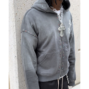 Nouveauté : sweat à capuche zippé pour homme en molleton lourd, délavé à l'acide, avec strass, coupe classique vintage - Product Image 1