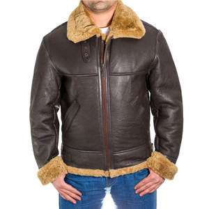 Men's Genuine Leather Aviator <b>Jacket</b> <b>With</b> Faux Fur <b>Lining</b> Windproof Winter Biker Coat Regular Fit Turndown Collar Zipper Closure - Product Image 4
