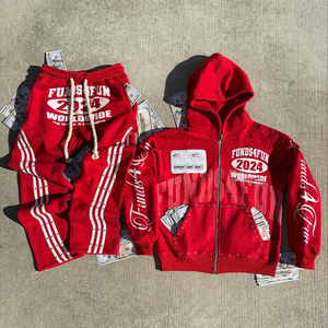 Ensembles de survêtements en coton délavé à l'acide, épais, avec fermeture éclair, appliqué brodé, pantalon de survêtement évasé, sweats à capuche et pantalons de survêtement à rayures - Product Image 5