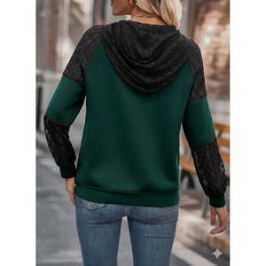 Blusa de viscosa de dos hilos con capucha y encaje de manga larga para mujer, 28981 - Verde - Product Image 3