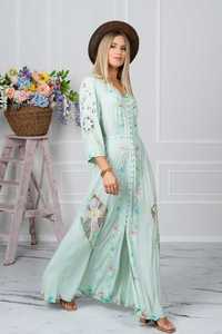 Elegante Boho Floral Bordado Maxi Vestido 100% Algodón Cuello en V Cintura Natural Moda de Verano con Botón Decoración - Product Image 2