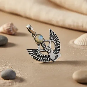 Art Palace Rhodium-Plated Sterling Silver Egyptian Winged Charm Pendant with Moonstone Religious Style 16 Inches for Women - Product Image 2