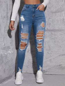 Jeans de Mezclilla Rasgados Sexys para Mujer, Ajustados, de Cintura Alta, Transpirables, de Tela Elástica, Ecológicos, Ropa Casual, Atuendos Modernos - Product Image 2