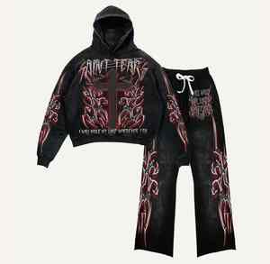 Streetwear à la mode survêtements hommes 3D broderie acide lavage coton survêtement tenue élégant deux pièces ensemble OEM ODM fournisseurs - Product Image 6