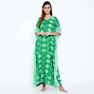 Custom Manufacture Slim Fit 100% Cotton V-Neckline Short Extended Sleeves Green Shibori Tie-Dye Kaftan
