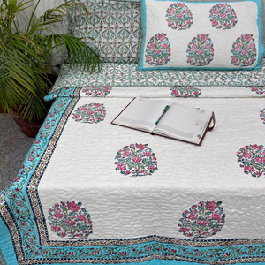 Edredón y fundas de almohada florales de algodón 100% hechos a mano, juego de edredón de estilo Jaipur con estampado de bloques de mano artesanales ecológicos - Product Image 1