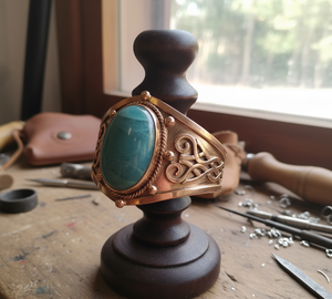 Cabujón turquesa Natural hecho a mano, brazalete de Plata de Ley 925 de plata tibetana, oro de 14K, bohemio, tamaño ajustable para hombre - Product Image 5