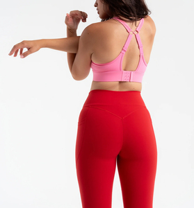 Wholesale <b>Red</b> High Waisted <b>Womens</b> Workout <b>Leggings</b> with Pockets Seamless Soft Stretch Fabric for Yoga Gym and Activewear - Product Image 3