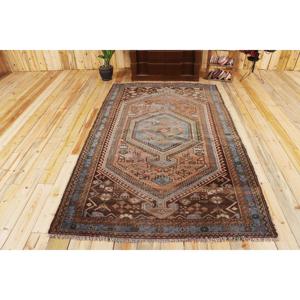 Tapis turc vintage 4,9x7,7 pi (150x234 cm), tapis Ikat marron bleu - Product Image 1