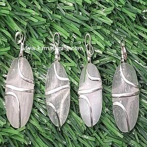 Natural White Selenite Gemstone Cabochon Oval Shaped <b>Semi</b>-<b>Precious</b> <b>Stone</b> <b>Craft</b> with Wire Wrap Pendants - Product Image 2