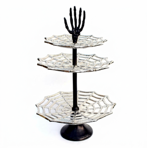 Soporte para Pastel de Telaraña de Halloween, Exhibidor de Postres de Metal Plateado con Mano de Esqueleto Negra en la Parte Superior, Decoración para el Hogar de Halloween - Product Image 1
