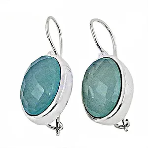 Boucles d'oreilles pendantes en argent 925 avec chalcédoine bleue pour femmes, plaquées or, forme goutte d'eau avec perle et diamant pour mariage et fête - Product Image 1