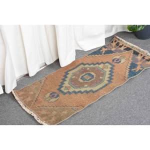 Kilim 1,3 X 2.7ft Naranja Azul Tejido plano Alfombra turca Jacquard Técnica Felpa Pila Altura Viscosa Lana Patchwork para pasillo - Product Image 3