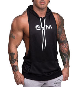 Haut sans manches à capuche uni coupe droite pour homme, idéal pour la musculation, la gym et la course à pied, 100 % coton, pull-over pour l'hiver - Product Image 1