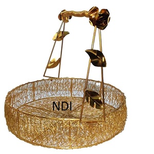 High Quality Iron Wire Metal <b>Fruit</b> <b>Storage</b> Container Basket In Golden Finishing With Designer Handles Tabletop Decoration Use - Product Image 1