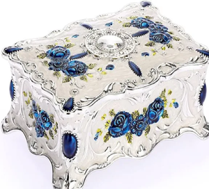 กล่องเครื่องประดับโลหะเคลือบสีขาวและสีฟ้าพร้อมกุหลาบตกแต่งหรูหราของขวัญของที่ระลึกขายส่ง - Product Image 1