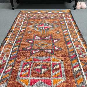 Turkish <b>Runner</b> Rug 2.8x10.7 ft, Vintage Herki <b>Red</b> Ikat Wool Rug - Product Image 4