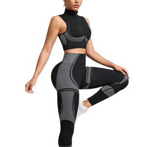 Tenue d'entraînement 2 pièces pour femmes OEM Chemise respirante à fermeture éclair Leggings élastiques à taille haute en dentelle Logo personnalisé pour l'entraînement - Product Image 1