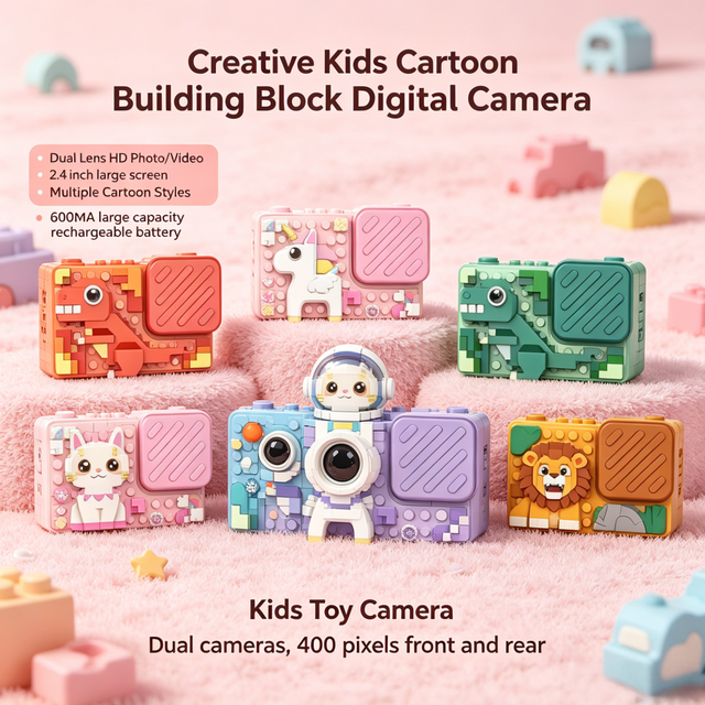 Creative Kids Digital Camera Cartoon Building Block Dual Lens HD Photo Video Toy Type-C Rechargeable Outdoor Travel Gift Toy