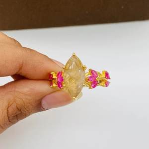 Anillo de corte Marquesa de Plata de Ley 925, rutilo dorado, chapado en oro, regalo de aniversario de compromiso de boda a la moda para fiestas de mujeres - Product Image 1