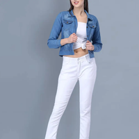 Jaket Denim Wanita Biru Bordir Kustom Kancing Ganda Lapisan Wol Rajutan Tenun Viskosa Bernapas