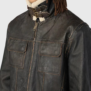 Veste en cuir avec col montant en laine, veste décontractée d'hiver pour homme, manteau imperméable en fourrure de mouton, style aviateur d'hiver pour homme - Product Image 2
