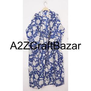 Handmade Indian 100% Cotton V-Neck Floral Printed Belt Closure Full-Length Robe Women Casual Nightwear Party Gown - Product Image 1