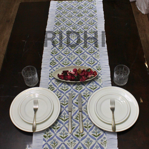 Camino de Mesa Ridhi de Lujo, Estilo Indio Floral, Color Azul Claro, 100% Algodón, Personalizable, con Volantes, Estampado a Mano, para Comedor, Hotel, Boda - Product Image 5