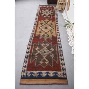 Vintage Kilim Wool <b>Rug</b> Red and Brown Patchwork Design 29x12 ft for Entryway 10mm <b>Thick</b> for Teens - Product Image 1