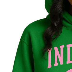 Sudadera con Capucha AKA Indiana State, Color Verde Kelly y Rosa, con Estampado Gráfico, Personalizada para Hermandades Griegas - Product Image 3