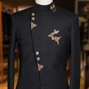 Zari Embroidery Black Sherwani with <b>Pant</b> & Matching Embroidery Shoe with Embellished Crystal Glass Beads,stone,dabka Work@2024 - Product Image 1