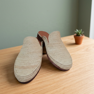 Handmade Raffia Backless Slippers Solid Color Breathable Cork Sole Indoor Summer Closed Toe Style - Product Image 1