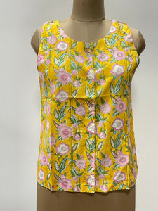 Camisetas sin mangas de algodón cortas con estampado floral y cuello en V para mujer, estilo japonés, look de verano, estampado en bloques, en stock, ecológicas - Product Image 2