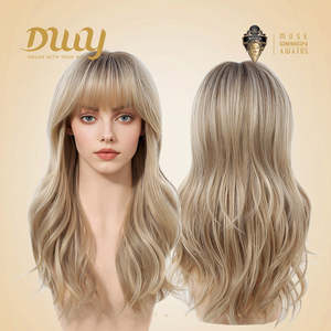 Cybil-DWY 22-Inch Glueless Synthetic <b>Wig</b> for Women Machine-Made Mid-Length Wave <b>Bob</b> with Dark Roots and Transparent Lace Bangs - Product Image 4